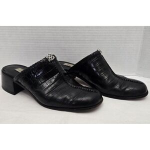 Vtg Brighton Faith Black Croc Embossed Leather Mule Slides 7.5M Silver Medallion